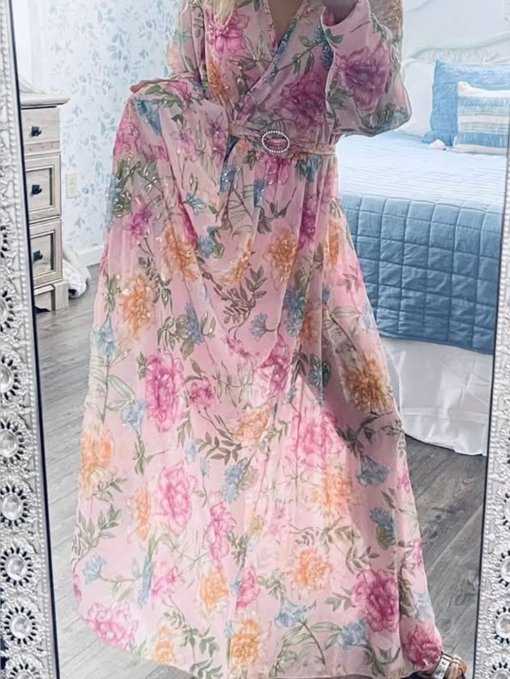 Alexa B Nites Pink Floral Maxi Dress with Belted Waist